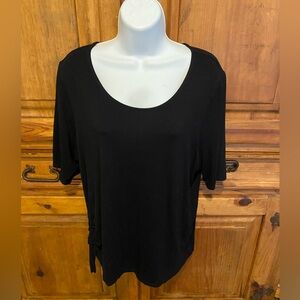 Chicos 2 Knit Top Black Short Sleeved Tee Ruched Side Tie Womens Large Shirt